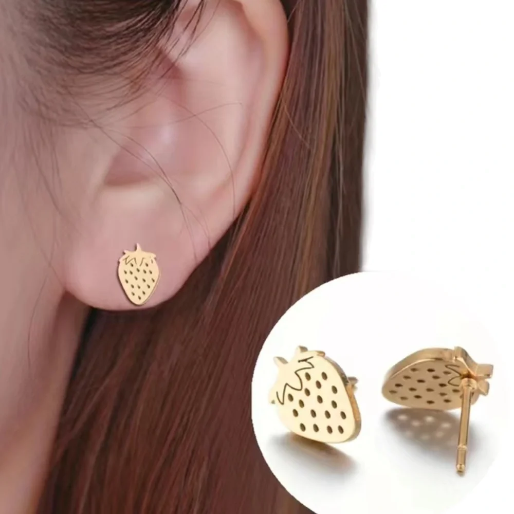 Stainless Steel Gold Strawberry Stud Earrings